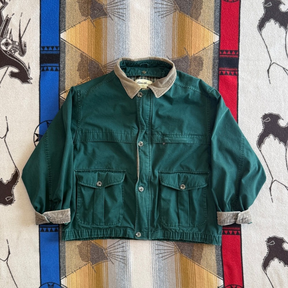 Eddie Bauer Mens Forest Green Canvas Barn Jacket Plaid Lined Corduroy Trim L